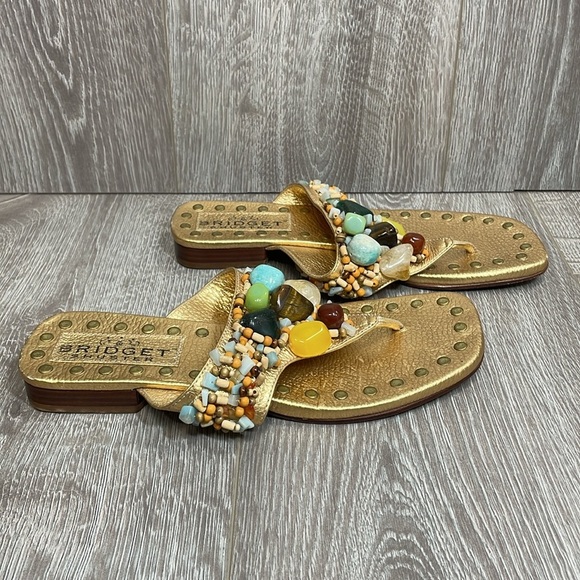 Bridget Shuster Gold Leather Thong Slip On Sandals Beaded Natural Stones 6.5 - Picture 6 of 15